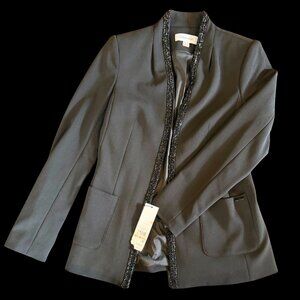 Calvin Klein Black Open Front Blazer Beaded Trim Size 2 NWT